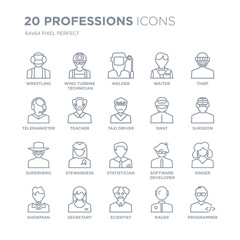 Collection of 20 Professions linear icons such as Wrestling, Wind Turbine Technician, Scientist, secretary, Showman, Thief line icons with thin line stroke, vector illustration of trendy icon set.