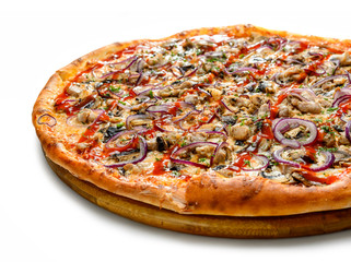 Pizza close-up, on a white background, shallow depth of field