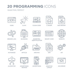 Collection of 20 Programming linear icons such as Code, Click, Advertising, advertising Bounce, Algorithm, Bug report line icons with thin line stroke, vector illustration of trendy icon set.