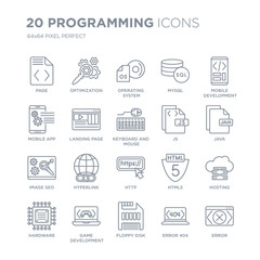 Collection of 20 Programming linear icons such as Page, Optimization, Floppy disk, Game development, Hardware line icons with thin line stroke, vector illustration of trendy icon set.