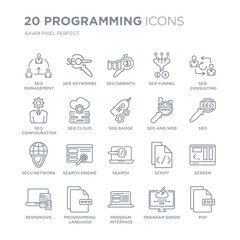 Collection of 20 Programming linear icons such as Seo Management, SEO Keywords, Program Interface, language line icons with thin line stroke, vector illustration of trendy icon set.