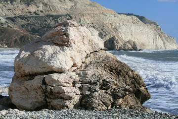 Big white rock on the Petra tou Romiou beach in Paphos, Cyprus in January