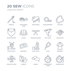 Collection of 20 Sew linear icons such as Needle, Measuring tape, Fabric, Fabrics, French curve, Leather, Hot glue, Glue stick line icons with thin line stroke, vector illustration of trendy icon set.