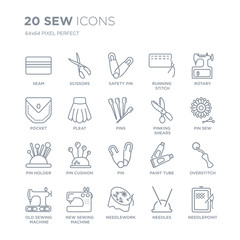 Collection of 20 Sew linear icons such as Seam, Scissors, Needlework, New Sewing Machine, Old sewing machine, Rotary line icons with thin line stroke, vector illustration of trendy icon set.
