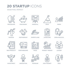 Collection of 20 Startup linear icons such as Procedure, Piggybank, Increase, Innovation, Investment, Pawn, Overcome, Maze line icons with thin line stroke, vector illustration of trendy icon set.