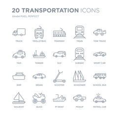 Collection of 20 Transportation linear icons such as Truck, Trolleybus, PT boat, Quad, Sailboat, Tow truck, Subway, Scooter line icons with thin line stroke, vector illustration of trendy icon set.