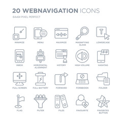 Collection of 20 Webnavigation linear icons such as Minimize, Menu, Files, Filter, Flag, Lowercase, High Volume, Forward line icons with thin line stroke, vector illustration of trendy icon set.