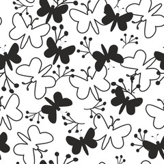 Butterfly shape and silhouette cute black and white pattern, repeat seamless vector pattern tile.