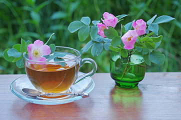 Wild rose tea and flowers dog rose
