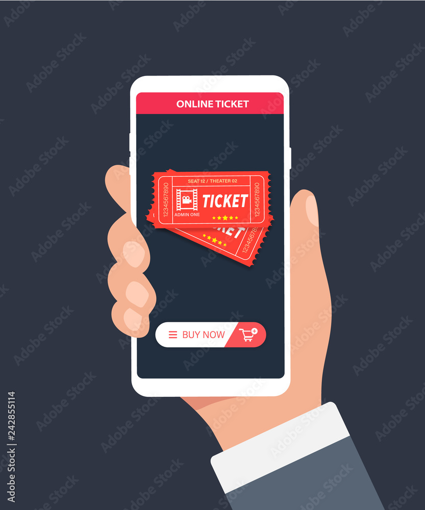 Poster hand holding phone with online ticket. concept of online booking mobile application with book button