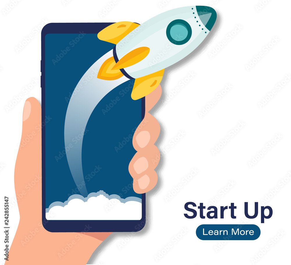 Aufkleber Start Up Rocket phone. Rocket launch from smartphone, Concept business start up project. idea of successful business project start up, boost technology, innovation strategy