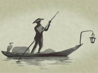 Japan traditional sumi-e painting. Fuji mountain, sakura, sunset. Japan sun. Indian ink illustration. Japanese picture.