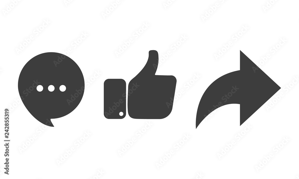 Aufkleber like comment share icon set. thumbs up repost and comment. button icons for social media notificatio