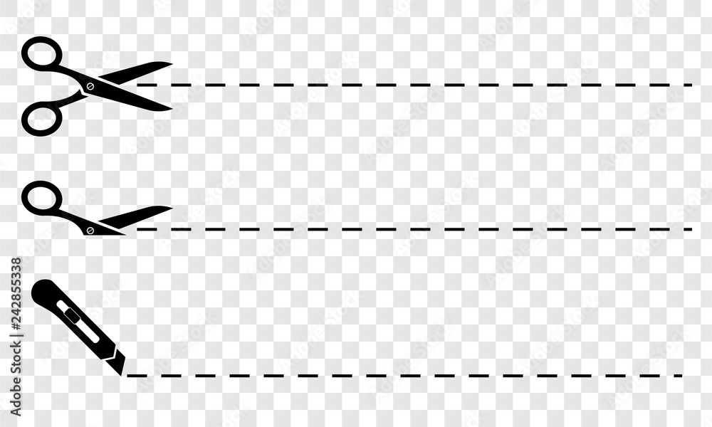 Poster Scissors. Set of black scissors with cut lines
