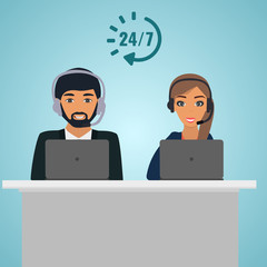 Male and female call center service 24 hours. Operator consultants woman and man at the table with laptop.  Conceptual of client services and communication.Vector illustration