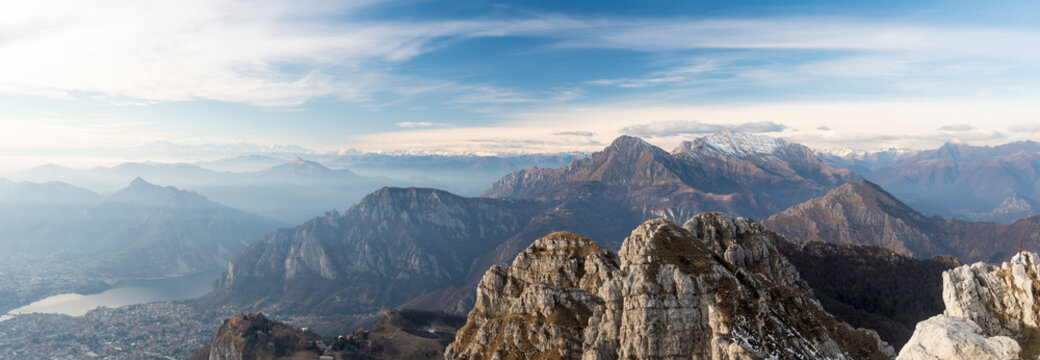 Landscape of Lombardy Alps in autumn or winter. The Grigna mountain seen from the summit of Mount Resegone.