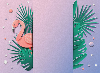Vector illustration with a lot of tropical plants and flamingos. In the style of cut paper. In the middle there is space for the test