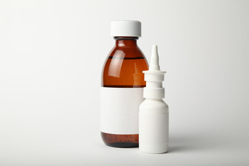 Drugs for the winter cold and flu virus. Antibiotics, homeopathy, pills, spray and syrup.