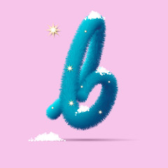 Fototapeta premium Fluffy 3D winter letters for advertising, posters, postcards and website design.Christmas fluffy and shaggy letter B. Fur blue letter B. Children's fluffy letter on the snow.