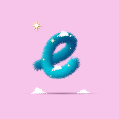 Fluffy 3D winter letters for advertising, posters, postcards and website design.Christmas fluffy and shaggy letter E. Fur blue letter E. Children's fluffy letter on the snow.