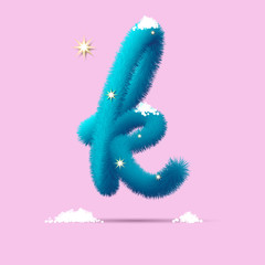 Fluffy 3D winter letters for advertising, posters, postcards and website design.Christmas fluffy and shaggy letter K. Fur blue letter K. Children's fluffy letter on the snow.
