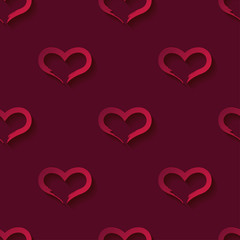 Decorative 3D red hearts on red background with shadow. Seamless pattern. Valentine's day. Vector illustration. Can be used for wallpaper, textile, invitation card, web page background.