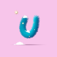 Fluffy 3D winter letters for advertising, posters, postcards and website design.Christmas fluffy and shaggy letter U. Fur blue letter U. Children's fluffy letter on the snow.