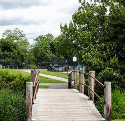 Small wood bridge in a village park