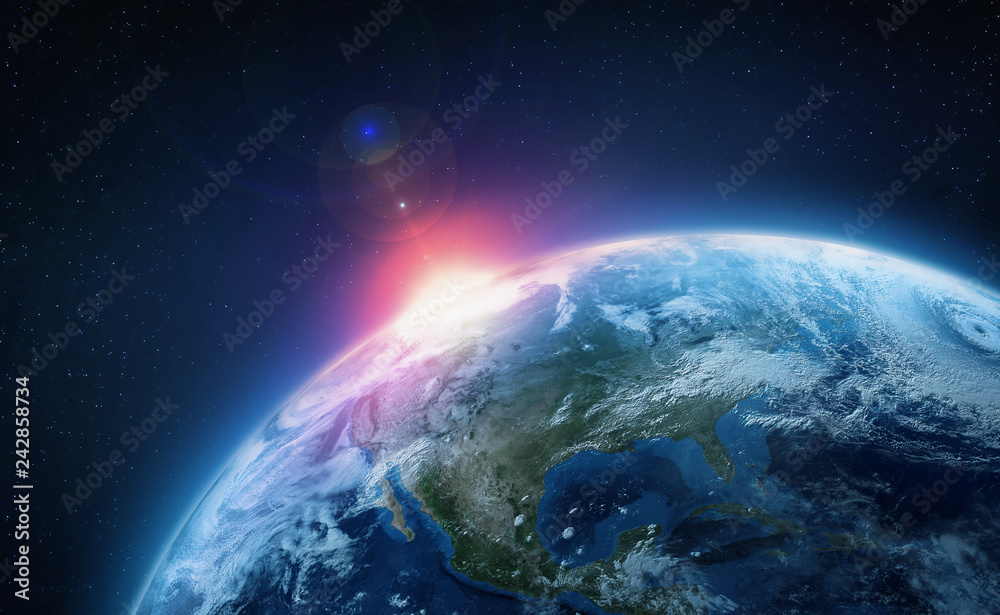 Poster Planet Earth. View from orbit. Bright flash in space against the background of stars. Elements of this image furnished by NASA