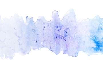 Abstract aquarelle cold color wet brush paint stroke striped element for print, blank. Colorful watercolor blue paper texture hand drawn isolated stain on white background for text, web, design