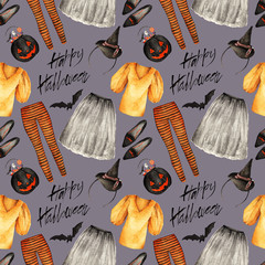Illustration de mode aquarelle. ensemble d& 39 accessoires à la mode, Happy Halloween, chemisier, jupe, leggings, seau à bonbons, chapeau, chaussures de ballet, motif sans couture, fond noir