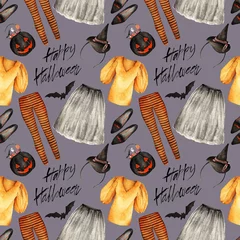 Abwaschbare Fototapete Gotisch Aquarell Mode-Illustration. Set mit trendigen Accessoires, Happy Halloween, Bluse, Rock, Leggings, Süßigkeiteneimer, Hut, Ballettschuhe, nahtloses Muster, schwarzer Hintergrund