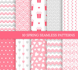 Ten different seamless patterns. Romantic pink backgrounds for Valentine's or wedding day. Endless texture for wallpaper, web page, wrapping paper and etc. Retro love style. Wave, gift, curl, heart