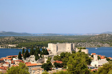 Historic city centre of Sibenik, Croatia with St. Michael's Fortress. Adriatic Sea in the background. View from the Barone Fortress.