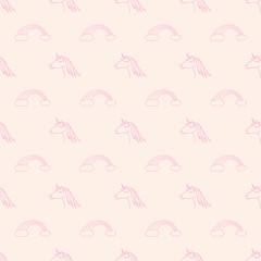 Vector seamless pattern with outline unicorns and rainbows.