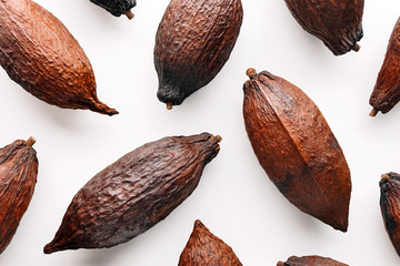 Cocoa pods on a white background, creative flat lay food concept