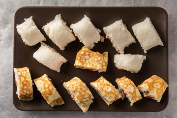 rice roll on a plate. view from above. top view
