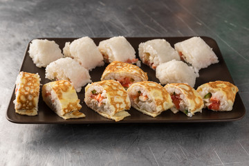 rice roll on a plate. view from above. top view