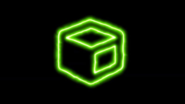 The appearance of the green neon symbol cube. Flicker, In - Out. Alpha channel Premultiplied - Matted with color black