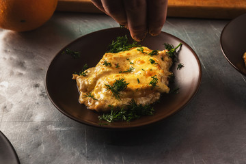 cooking process. recipe. delicious chicken filles pineapple, baked in the oven and topped with melted cheese