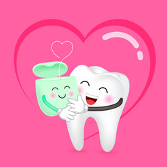 Cute cartoon tooth and dental floss in love. Dental care concept. Happy valentine's day. Illustration with background of heart.