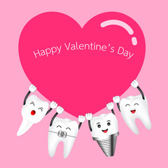 Cute cartoon happy tooth take red heart. Valentine's day concept. Illustration on pink background.