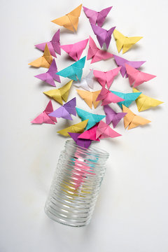 Feminine hands open jar with paper butterflies on white background. Origami