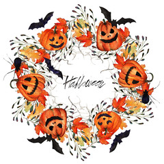 Halloween, watercolor, handmade,pumpkins and autumn leaves,bats and spiders,wreath, card for you