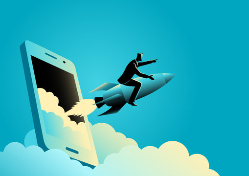 Businessman riding a rocket comes out from smart phones' screen