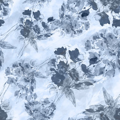 Watercolor background with floral pattern, splash of abstract paint, fashionable art background, shawl. Orchid flowers, poppy, tulip, cornflower, peony, rose. A branch of apple, cherry.