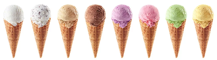 Poster Set of various ice cream scoops in waffle cones © baibaz