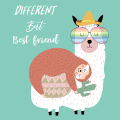 Hand drawn cute card with sloth,friend,watermelon,tree,llama,bed,moon and airplane.Different but best friend © piixypeach