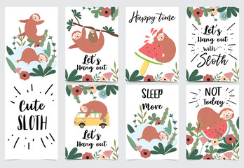 Hand drawn cute card with sloth,van,watermelon,tree,flower and leaf.Let's hang out.Happy time.Not today © piixypeach