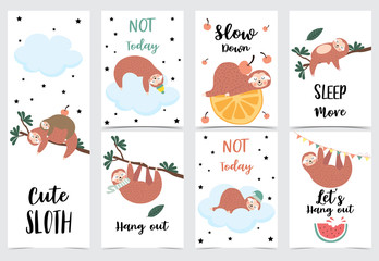 Hand drawn cute card with sloth,orange,watermelon,tree and flag © piixypeach